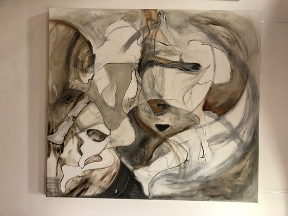 No woman no cry, XXL painting, brown black, white, abstracted woman