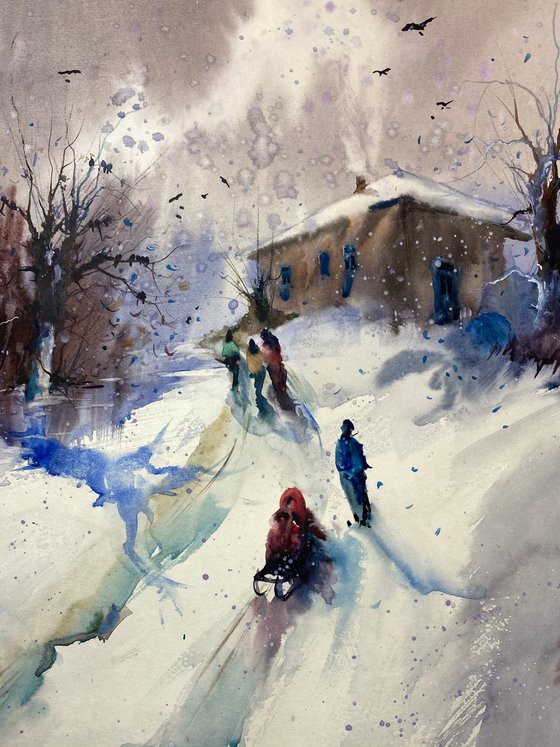 Watercolor “Winter childhood games II” perfect gift