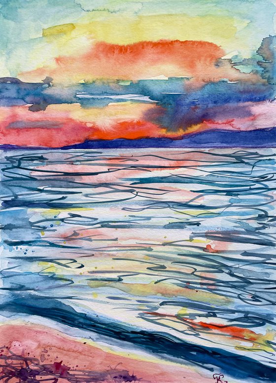 Sea Watercolor Painting, Sunset Seascape Original Artwork, Coastal Wall Art, Beach House Decor