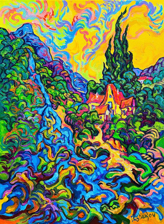 Provence Waterfall and Cypress Trees