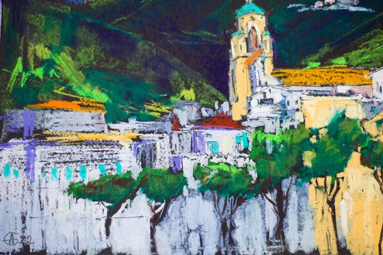 Amalfi. View from the sea. Cities of my dreams series. Medium oil pastel drawing bright colors italy