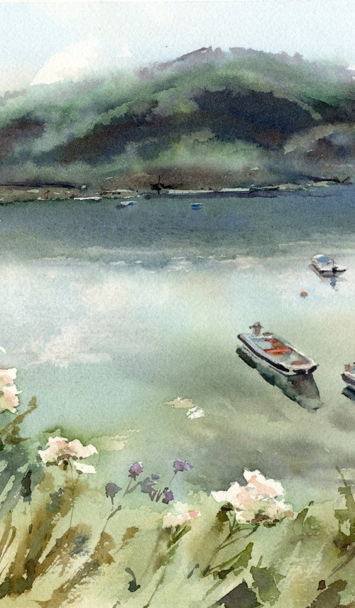 Montenegro boats by the sea, Watercolor painting by Yulia Evsyukova