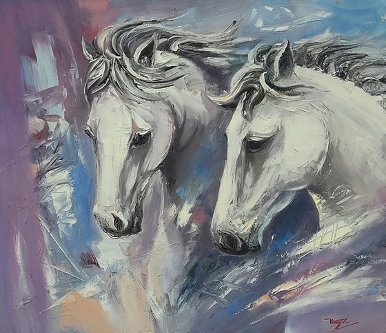 Horse couple (70x60cm, oil painting, ready to hang)