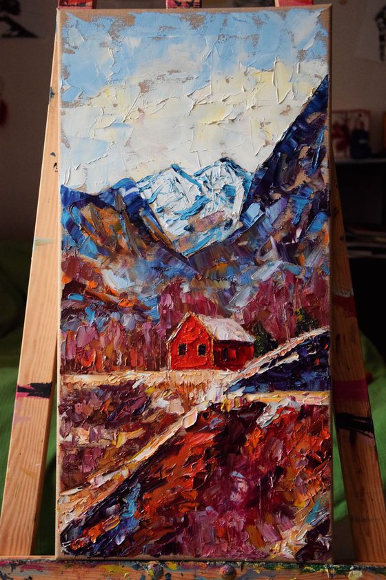 Original palette knife oil painting Red house in Norway mountains