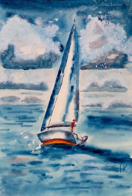 yacht sailing original watercolor painting impressionistic artwork"Between the ground and sky"