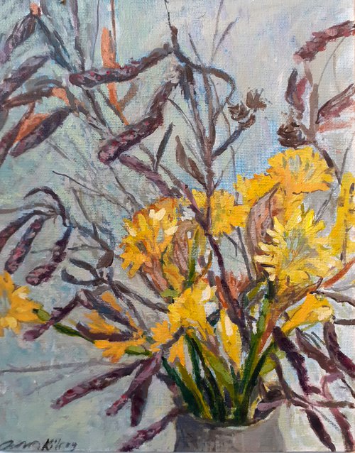 Daffodils and Alder Catkins by Ann Kilroy