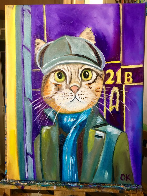 Troy The  Cat- Sherlock Holmes  Baker  Street 221 B   oil painting for cat lovers.
