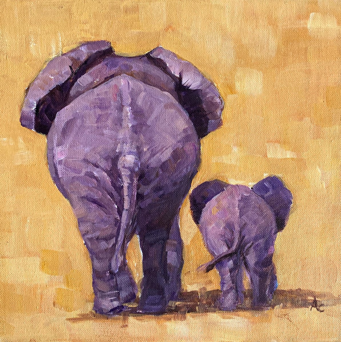 Impressionistic Animal Acrylic Painting By Arti Chauhan, 12 X 12, Elephants_ By My Side, Original Artwork