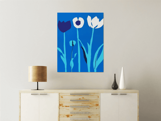 Blue Risograph of White Tulips