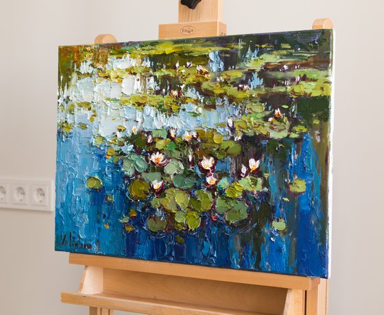 White Water Lilies - Pond flowers  Impasto Original Oil painting