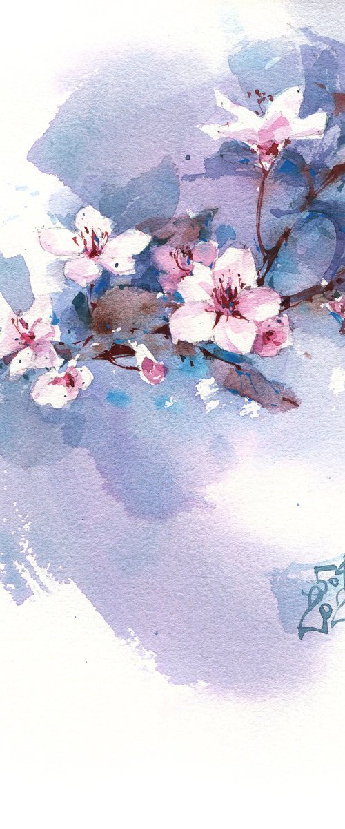 "Spring Rains" blooming tree branches watercolor by Ksenia Selianko