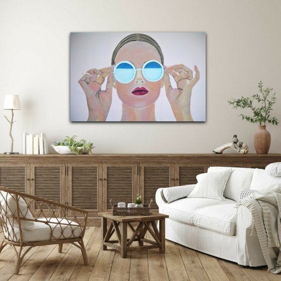 Extra large  painting, Girl with sunglasses / 140 x 90 x 5 cm