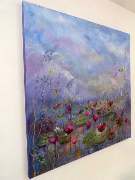 The sacred blooms 70 x70 cm. Impressionist landscape with water lilies