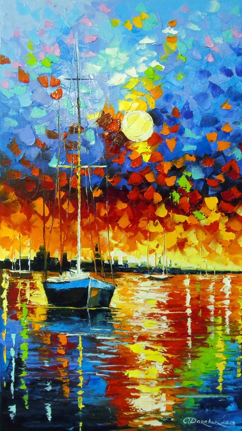Bay Harmony: Sunset and Sailboats by Olha Darchuk