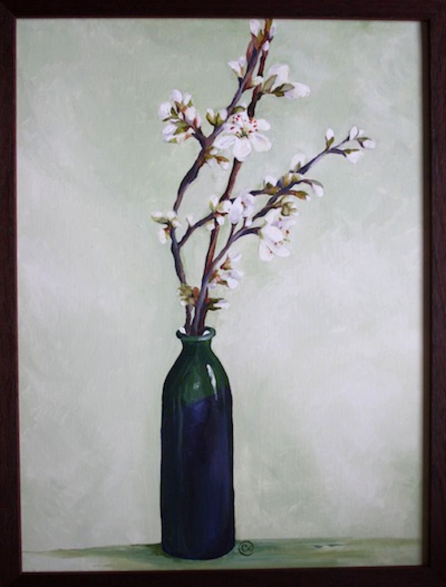 Blossom in a green vase by Charlie Davies