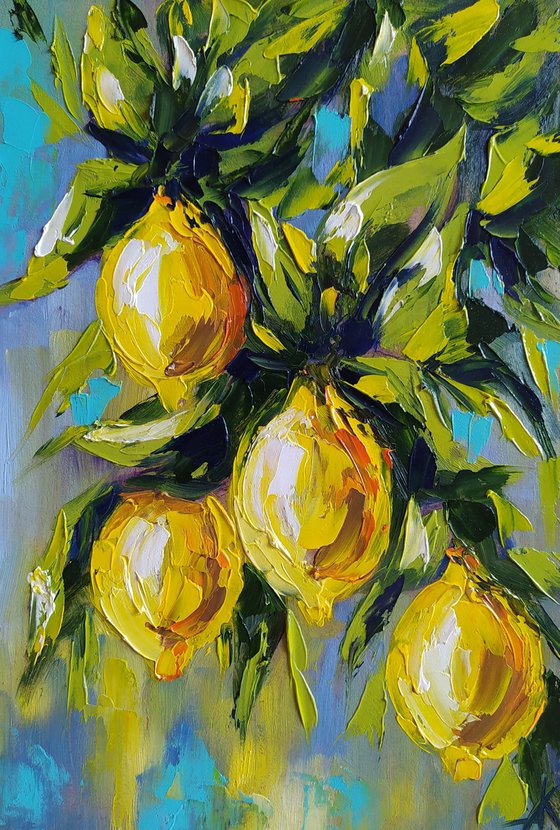 In lemon tones - lemon, oil painting, lemons oil painting, lemons on the tree, nature