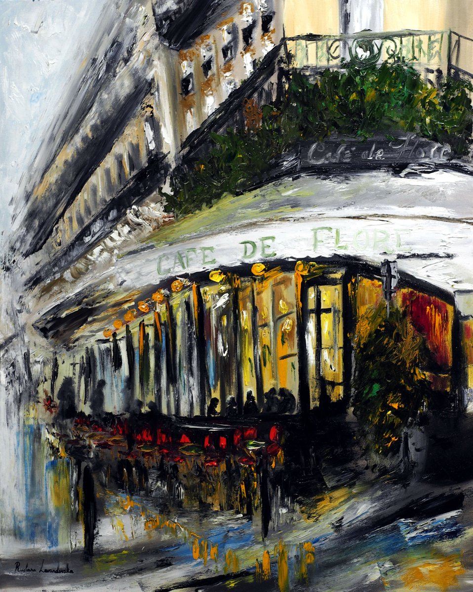 Impressionistic Cityscapes Oil Painting By Ruslana Levandovska, 24 X 30", Cafe De Flore, Evening Paris, Original Artwork
