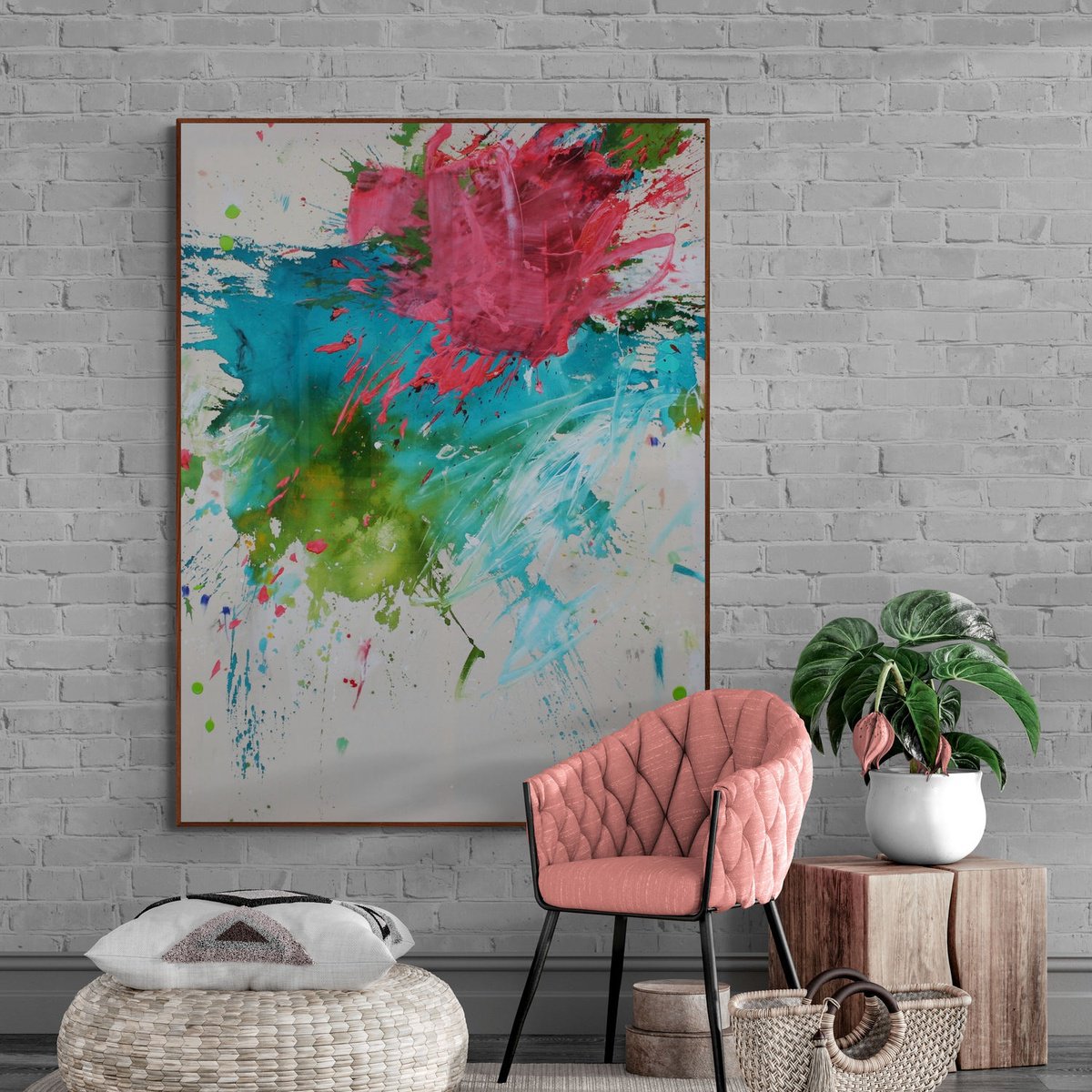 Expressive Abstract Painting By Daniela Schweinsberg, 47 X 63, Sent You Flowers Iv, Original Artwork