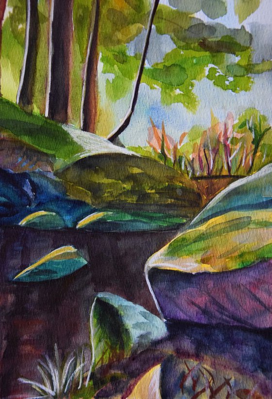 Norway watercolor painting Norwegian forest, sun rays through trees and stream