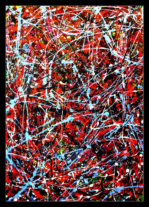 LIGHT BLUE OVER LIGHT RED, framed, Pollock style by Tomaž Gorjanc - Tomo
