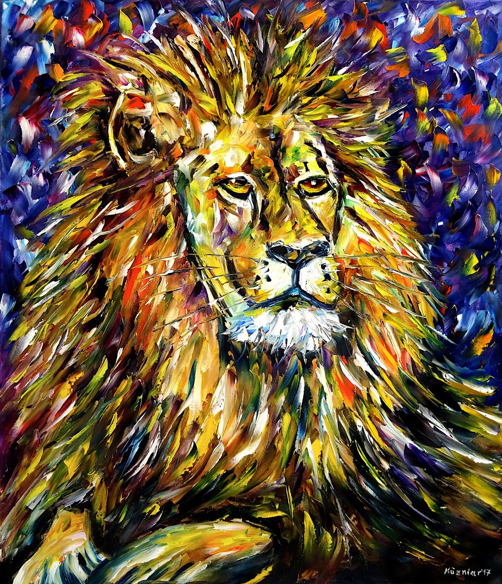 Expressive Animal Oil Painting By Mirek Kuzniar, 24 X 28", Portrait Of A Lion, Original Artwork