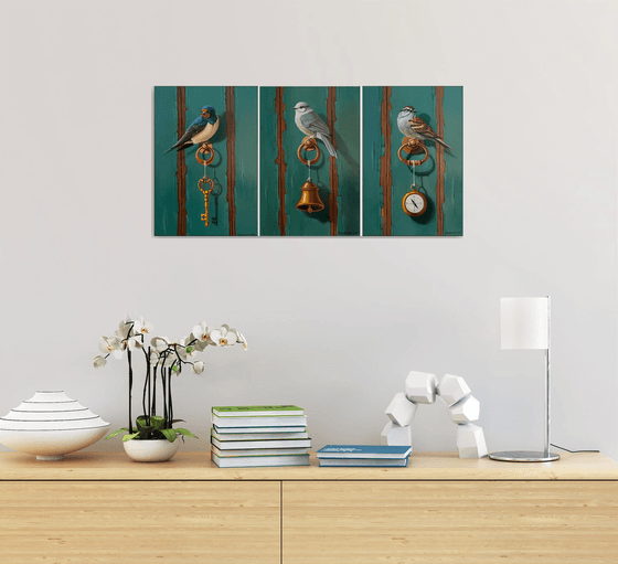 Still life with birds - triptych (24x35cm, 24x35cm, 24x35cm, oil painting, ready to hang)