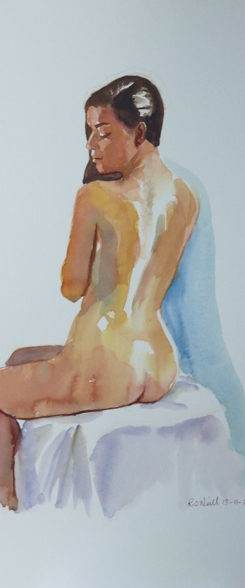 Seated female nude back study by Rory O’Neill