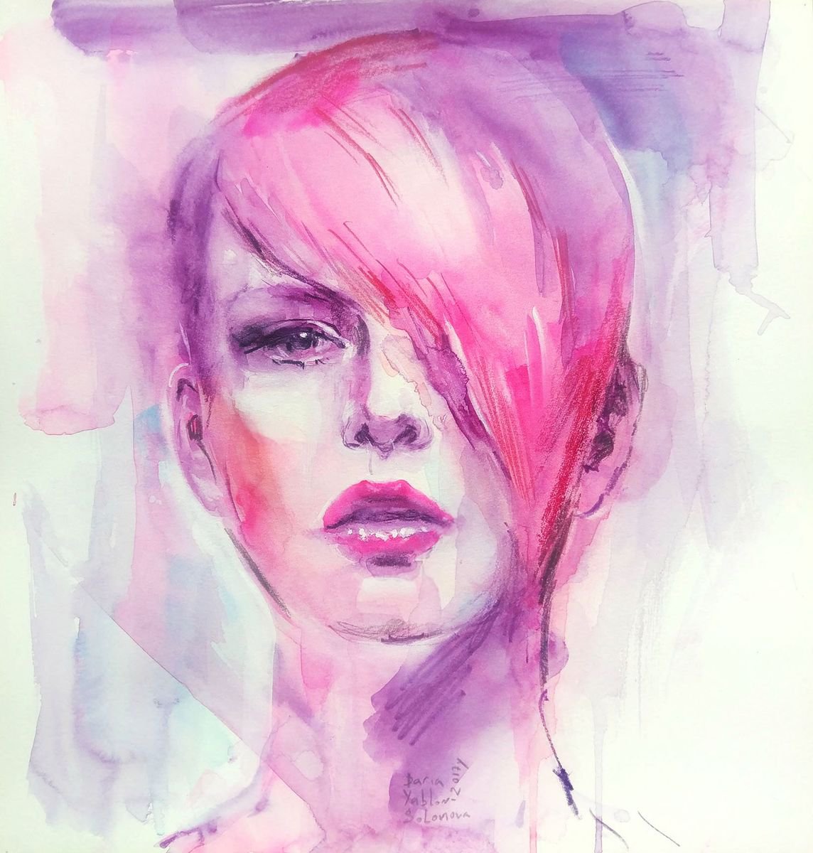 Urban And Pop Portrait Watercolour By Daria Yablon-Soloviova, 11 X 11, Pink Rebellion, Original Artwork