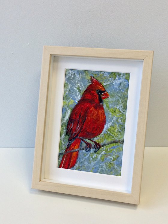 Bird oil painting - Red cardinal small canvas in frame - Christmas gift idea for bird lover