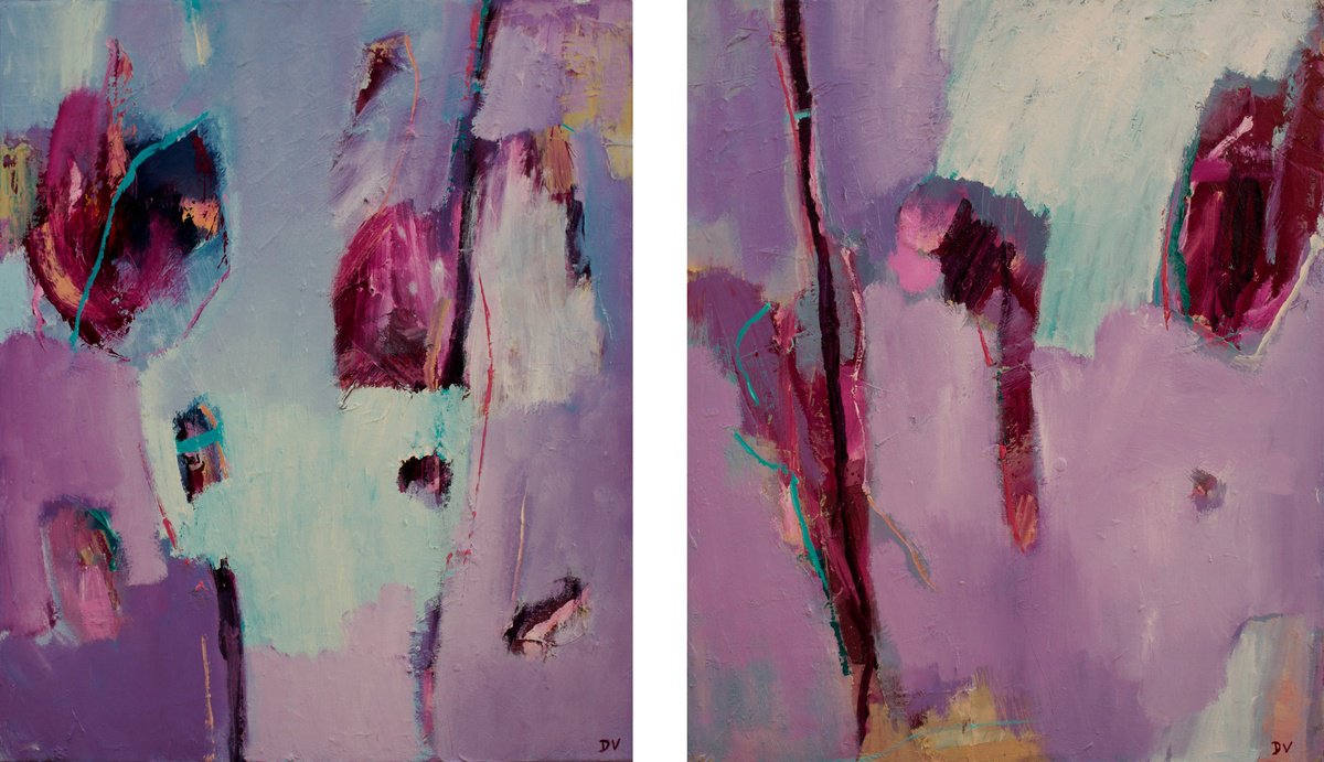 Expressive Abstract Oil Painting By Damien Venditti, 39 X 20, Lilac Wine Diptych - Improvisational Music Series, Artfinder