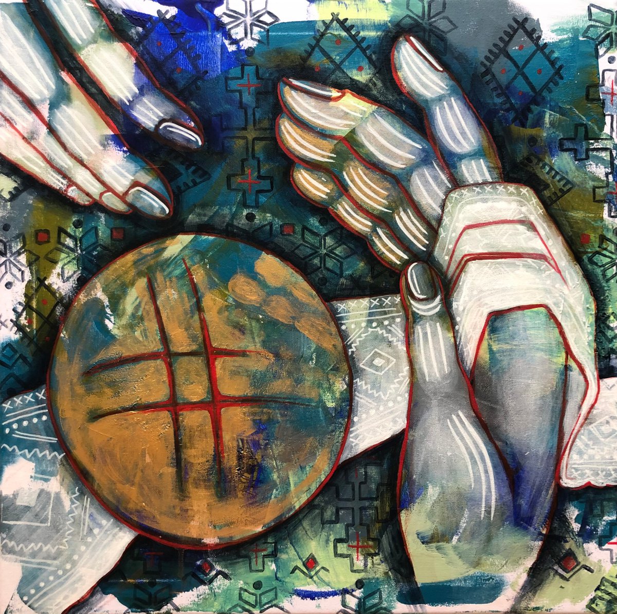 Naive Abstract Acrylic Painting By Yuliia Chaika, 20 X 20", Warm Bread, Original Artwork