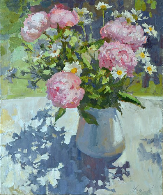 Peonies and Daisies in Sunlight
