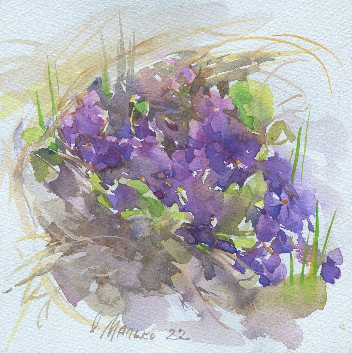 Violets island. Spring sketch / Original watercolor Flower picture Outdoor paintings by Olha Malko