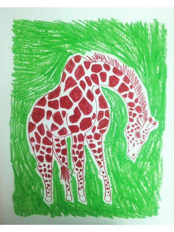 Vanessa The Coy Giraffe - Original Signed Coloured Pencil And Oil Pastel Drawing