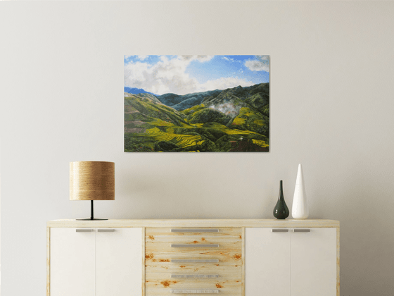 Radiant painting of a beautiful skies and mountains