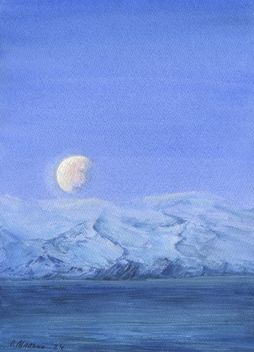Somewhere in Iceland. Half-moon (Third Quarter) /ORIGINAL watercolor ~11x14in (28x38cm) by Olha Malko