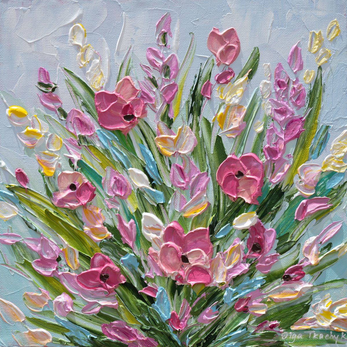 Impressionistic Botanical Acrylic Painting By Olga Tkachyk, 12 X 12", Spring Bouquet, Original Artwork