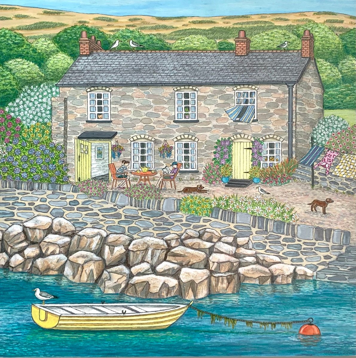 Naive Landscape Acrylic Painting By Lisa Davies, 11 X 11", The Cottage By The Cliff, Original Artwork