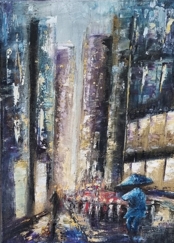 Rainy City 16"x12" Cityscape Oil Painting