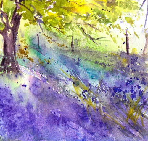 Bluebell painting, Spring Landscape Painting, Spring Floral Landscape, Original Watercolour Painting, Bluebell wood by Anjana Cawdell