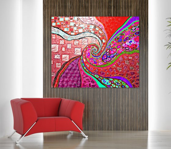 Viva Magenta Love - large red abstract painting, vivid spiral
