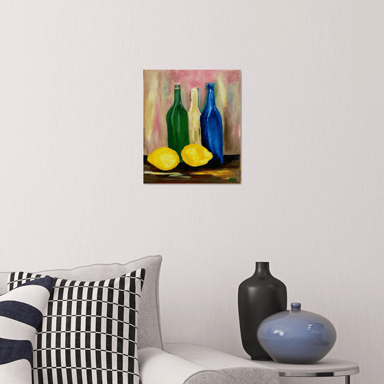 Bottles and lemons. Still life. Palette knife painting on linen canvas