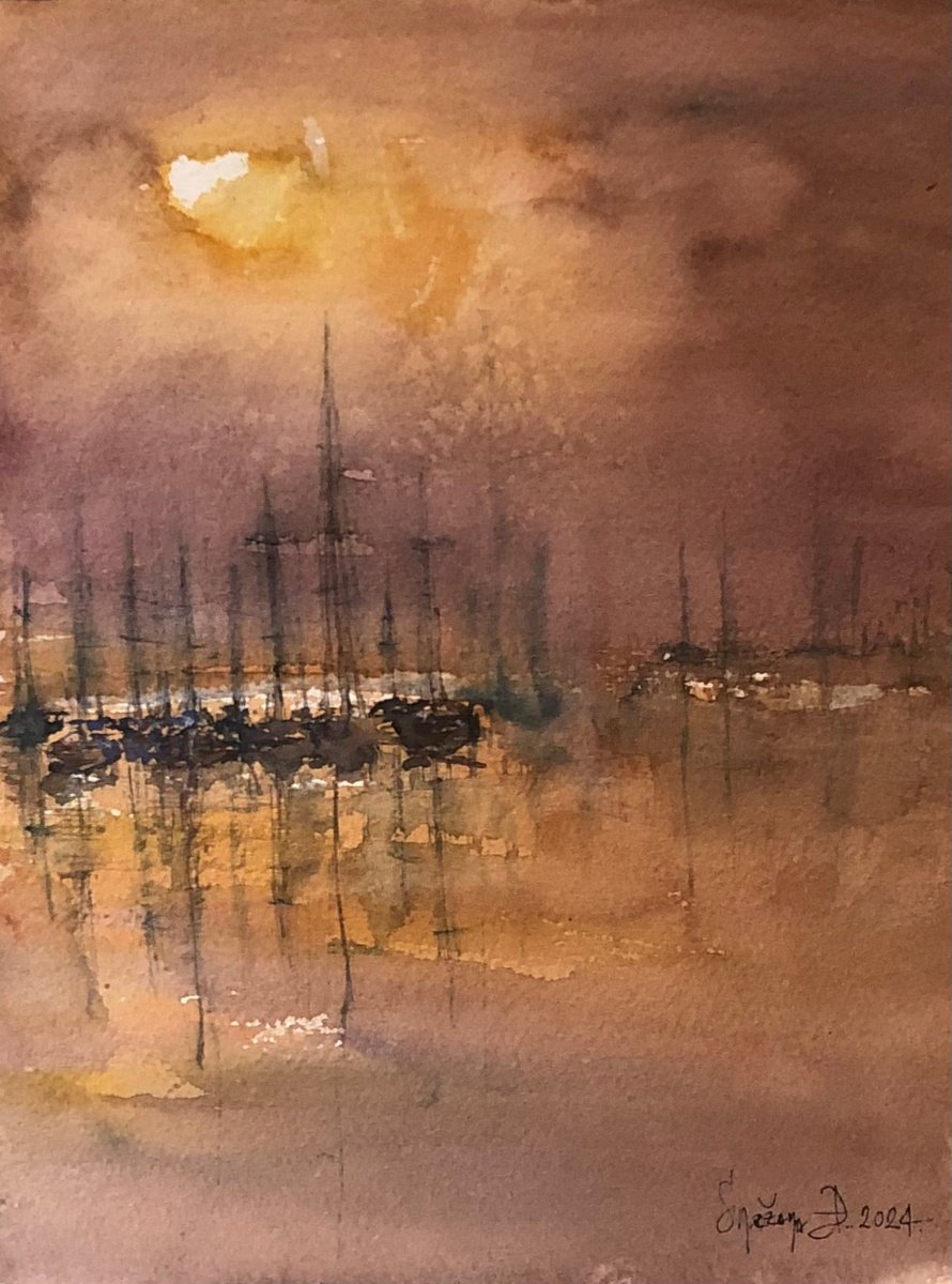 Impressionistic Landscape Watercolour By Snezana Djordjevic, 8 X 10", The Night Ships, Original Artwork