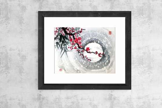 Red plum, bamboo and moon  - Oriental Chinese Ink Painting