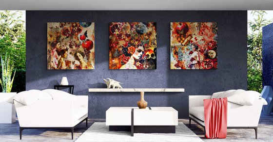 300 x 100 cm art Women and pomegranates. Colorful simbolic abstract huge artwork from 3 pieces. Bright red gold large wall art for home decor