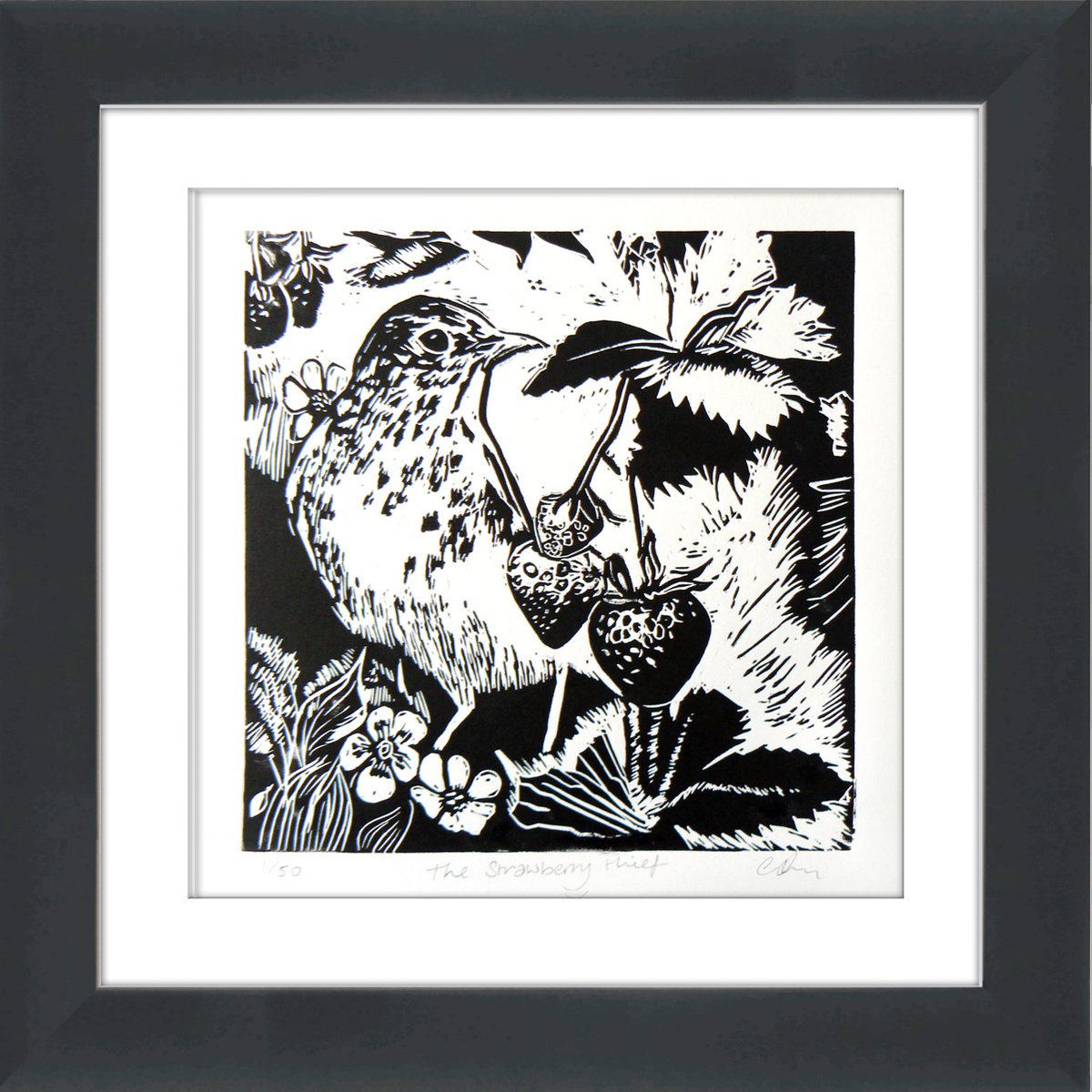 Illustrative Linocut , The Strawberry Thief By Carolynne Coulson, 12 X 12, Artwork For Sale On Artfinder
