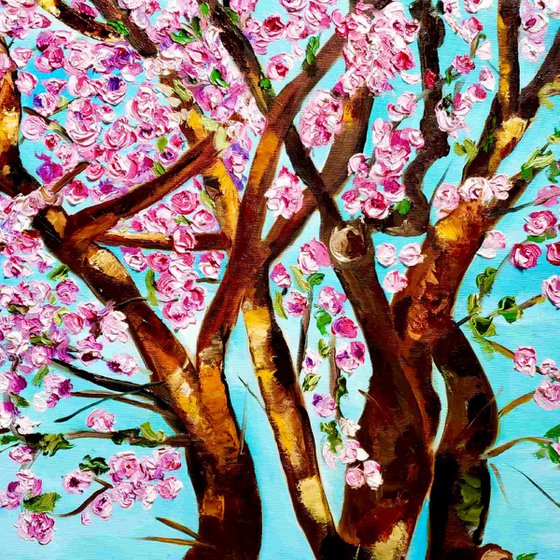 CHERRY  blossom , spring in London white, pink, turquoise 62x66cm ready to hang oil painting