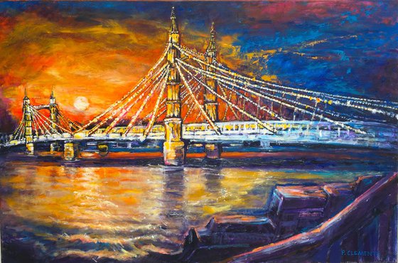 London oil painting of Sunsetting behind Albert Bridge