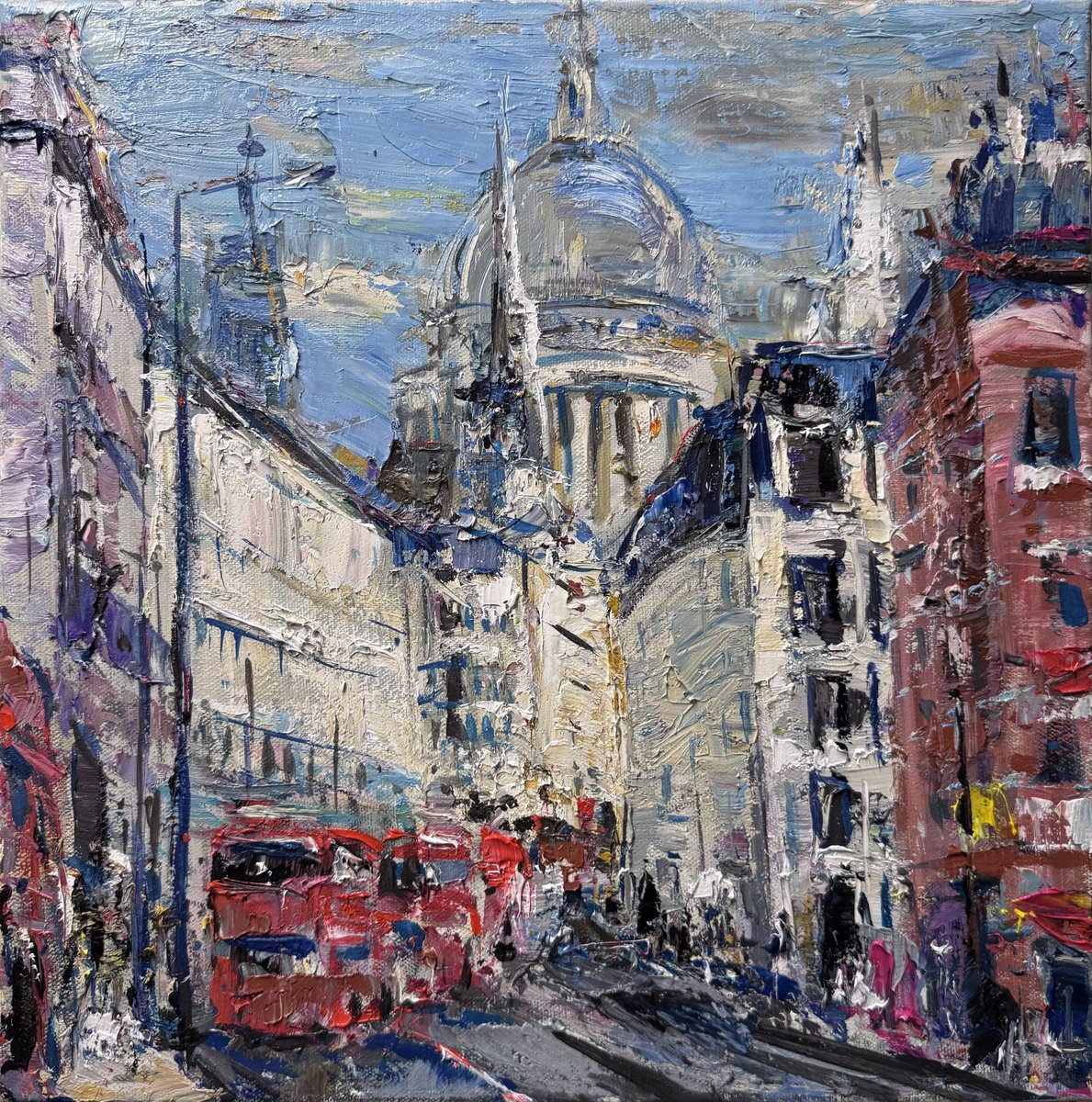 Expressive Cityscapes Oil Painting By Altin Furxhi, 16 X 16, Fleet Street London 40X40, Original Artwork