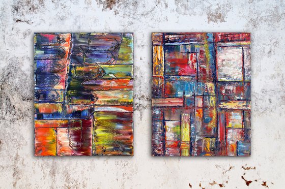 "Keep Your Distance" - FREE USA SHIPPING + Save As A Series - Original PMS Abstract Diptych Oil Paintings On Canvas - 32" x 20"